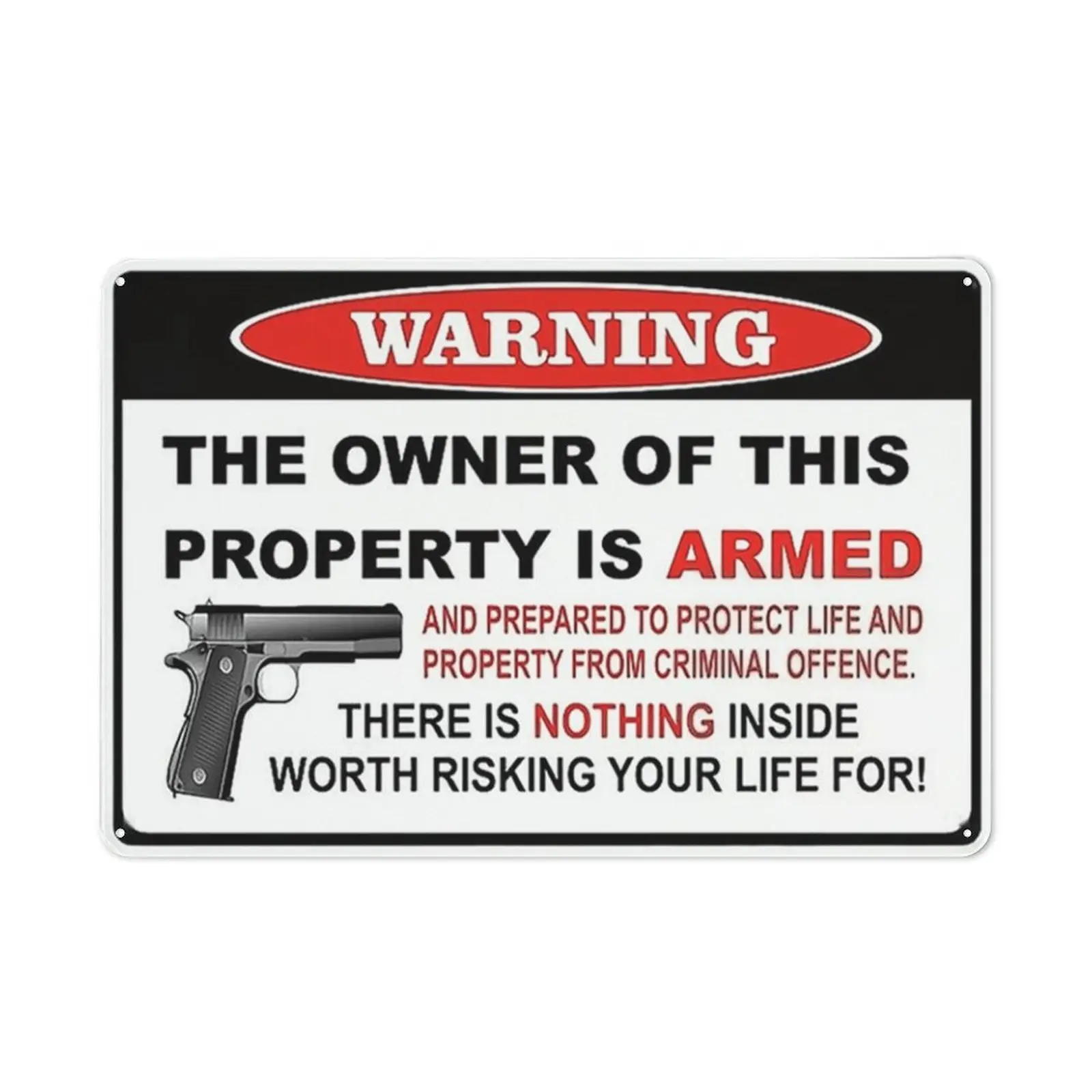 Secure Rectangular Armed Property Warning Metal Plaque - 7.8"x11.8" (30cmx20cm), Red & Black Text, Rust-Resistant, Door/Window Mount, Includes Pre-Installed Tools, Impactful Statement, Indoors/Outdoors Use, Gun Illustration, Home Security Decor, 30Cm X 20