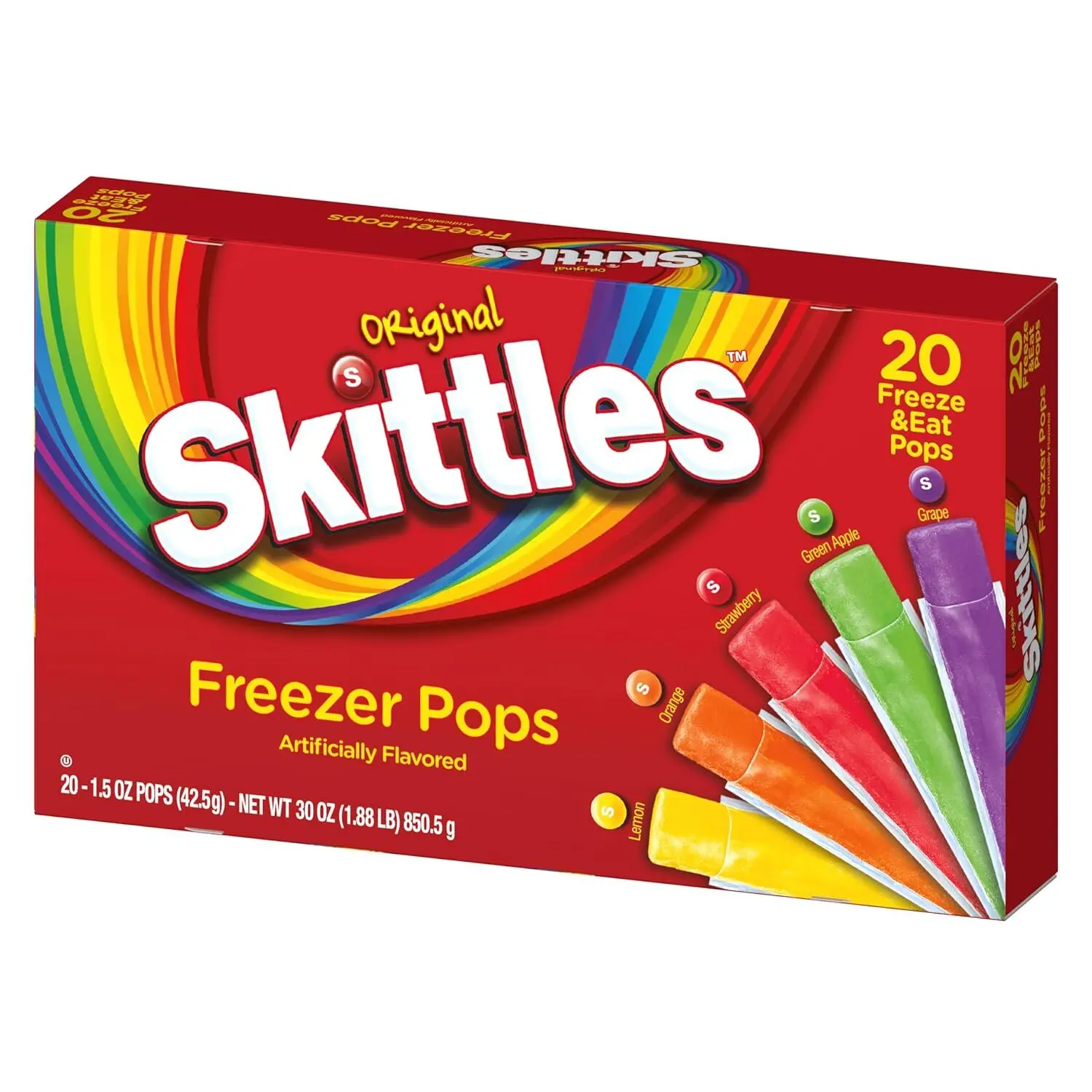 Skittles Rainbow Novelty Candy Freeze Ice Pops - Single Serve Children's Snack Dessert, 1 Pack of 20