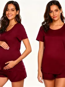 Women's Short Sleeve Nursing Maternity Top, Pure Color Casual Home Wear, Comfortable Breastfeeding Shirt for Mothers, Maternity Clothing