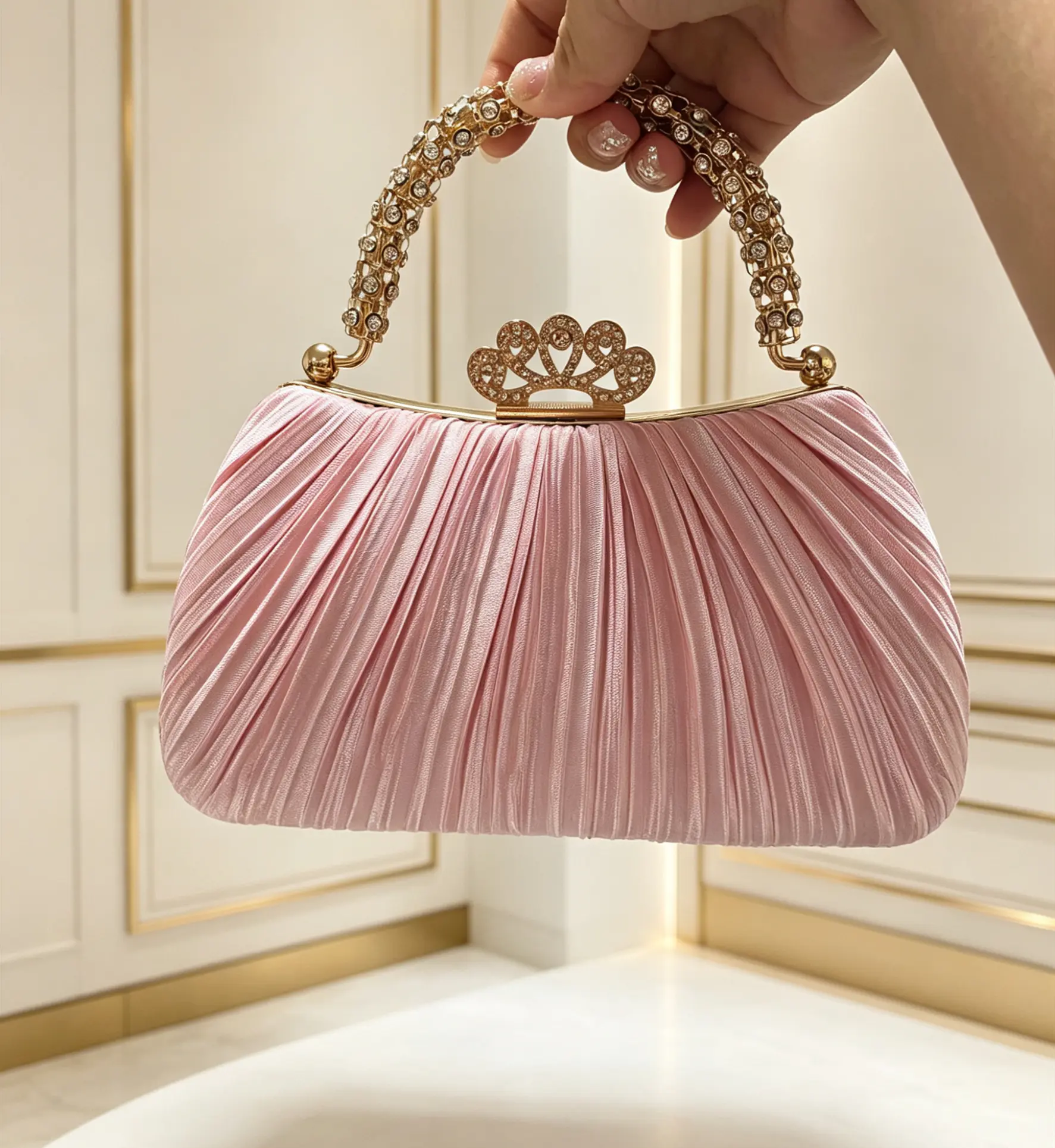 Ubysoyi Pleated Evening Bag Clutch Purse For Women Shiny Diamond Handle Elegant Lady's Handbag Crown Buckle Clutch Dinner Bag Formal Shoulder Bag For Wedding Banquet Gala Prom Party Bridal Birthday Gift Evening Chain Purses Fashionable Embellished Clutch