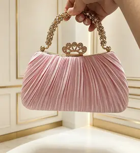 Pleated Satin Evening Clutch Purse For Women Shiny Diamond Metal Handle Lady's Designed Luxury Wedding Handbag Crown Buckle Formal Clutch Bag Elegant Evening Bag Dinner Bag Chain Formal Shoulder Bag For Banquet Gala Prom Party Bridal Ideal Gift For Her