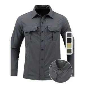 Men'S Lightweight Breathable Long Sleeve Button-Up Shirt - Solid Color Hollow Nylon Turn- Collar, Asymmetrical Hem & Split Sleeves for Spring Summer Fall Outdoor Hiking Casual Wear, Hiking Clothes