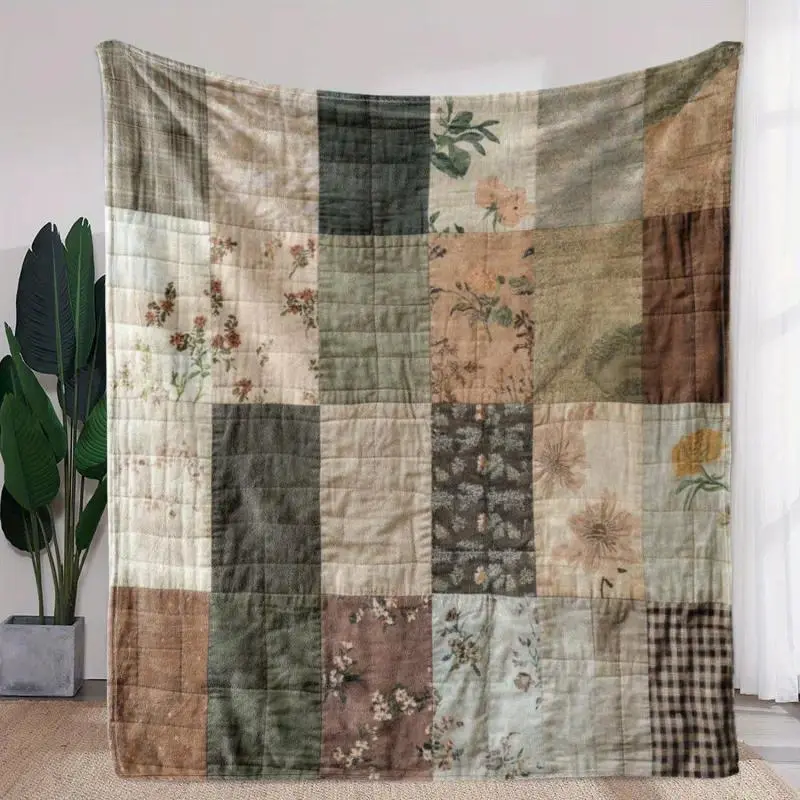 Vintage Patchwork Floral Blanket Colorful Boho Folk Print on Soft Cozy Flannel, Decorative Throw for Living Room Sofas and Bedroom Beds, Reading Time, Quiet Evenings and Warm Everyday Lounging