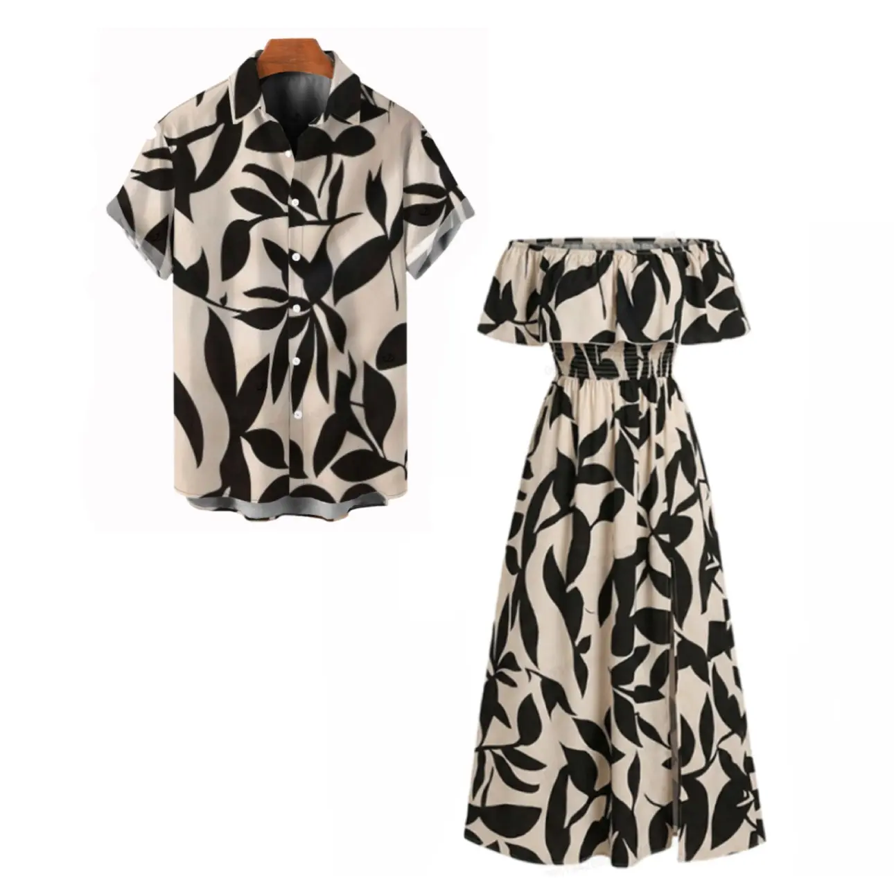 DRESSLILY 2026 Chic His and Hers Couple Outfits Set - Women's Off-Shoulder High-Waist Sleeveless Casual Tropical Dress with Slit, Men's Short-Sleeve Button-Up Casual Beach Wear, US Sizes, Breathable Polyester Fabric, Husband and Wife Gifts