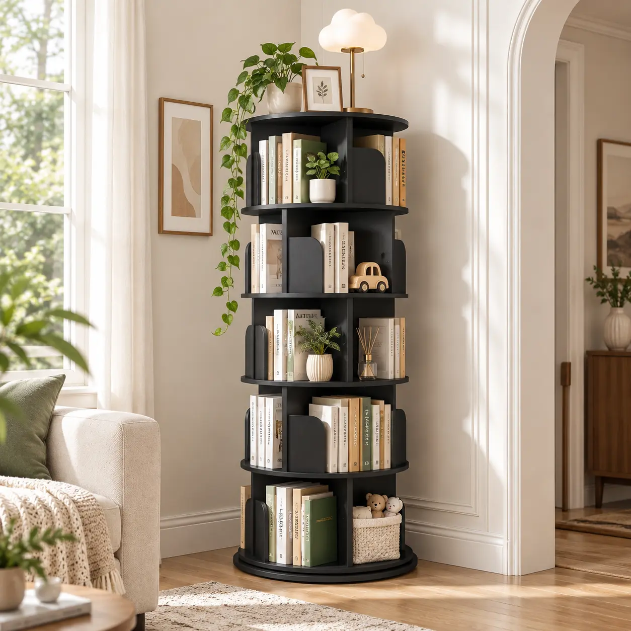 5-Tier 360° Rotating Bookshelf, 63.6" Tall Revolving Bookcase with Large Storage Capacity, 15.7" Small Footprint Wooden Book Tower for Living Room, Bedroom, Home Office & Kids Room