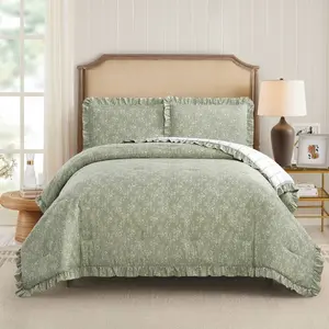 Modern Heirloom 3pc Full/Queen Floral Ruffle Comforter Bedding Set Assorted Green