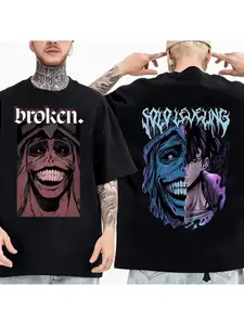 Solo Leveling Anime Men's Clothing T-shirt Cotton Retro Japanese O-neck Short Sleeved Hipster Fashion Plus Size Y2K Shirt 3