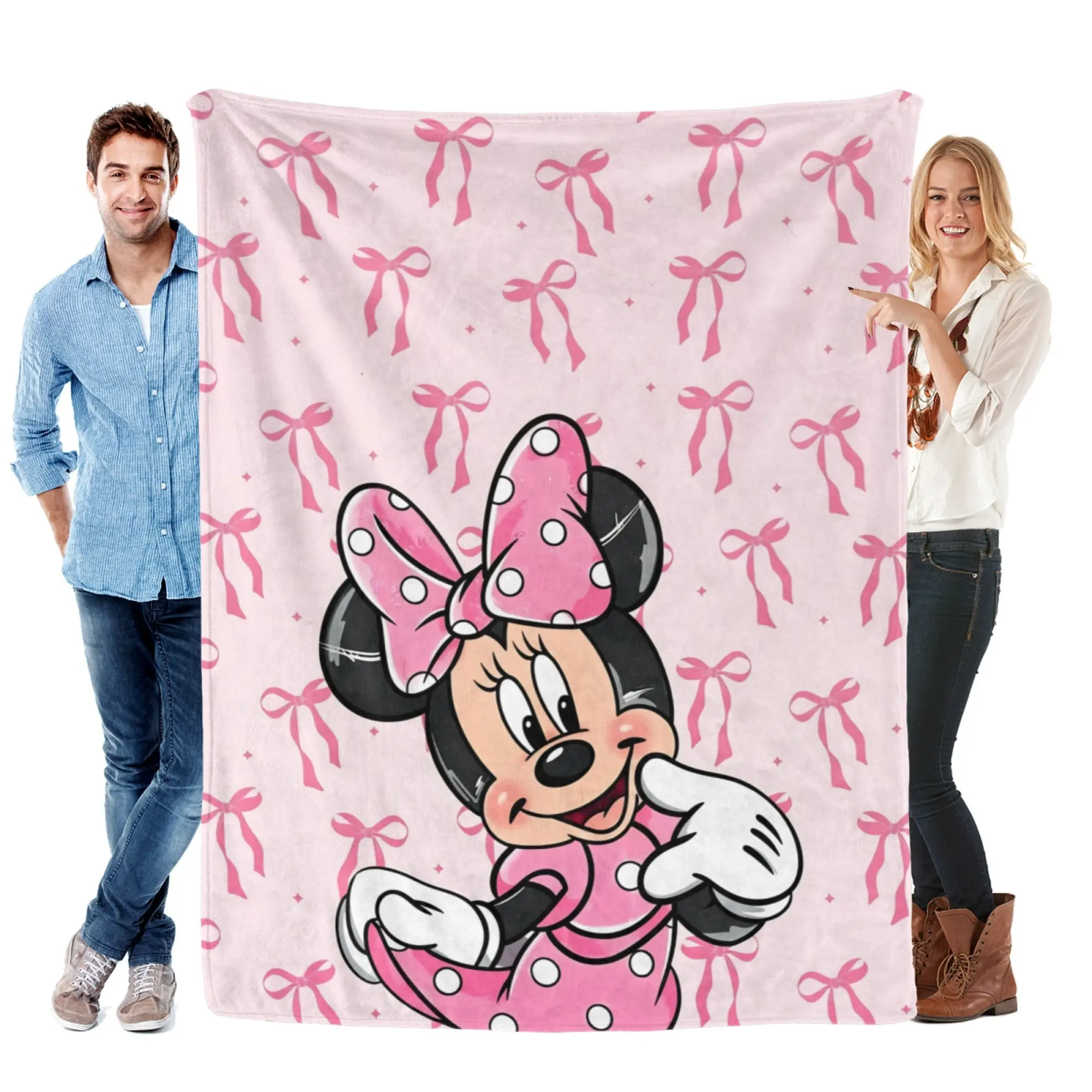 [SummerVibes] DISNEY CLASSIC Minnie Mouse Pink Bow Flannel Blanket - Soft Cozy 2D Print Throw for Sofa, Bed & Kids Decor