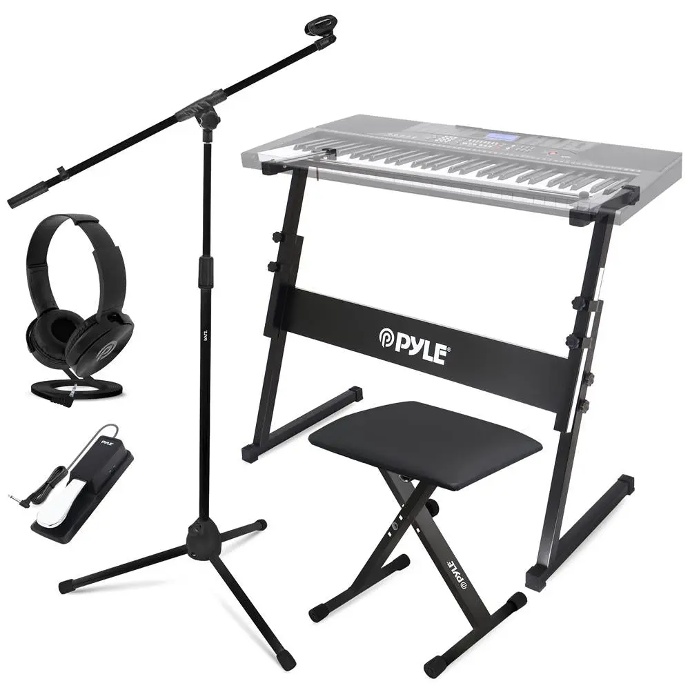 Electric Keyboard Accessory Set - Black | Includes Adjustable Keyboard Stand, Mic Stand, Headset & Sustain Pedal - Foldable & Portable Design - Ideal for Home, Studio & Stage Use