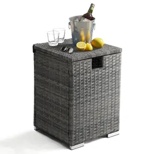 Rattan Side Table with Gas Bottle Storage, Gray Gradient Patio End Table, All-Weather PE Rattan & Iron Frame Furniture for Garden, Backyard, Living Room, Stylish Outdoor Storage Decor