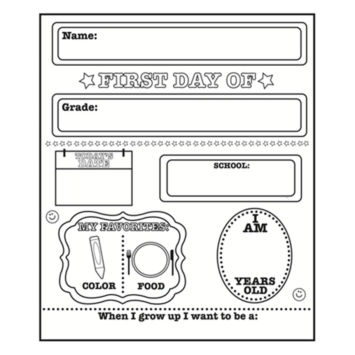 212 MAIN Personalization Fill-In-Blanks First Day of School Announcement (SE-0875), 11x12.75 in Black & White Sheets, 15 per Pack, Creative Shapes, Child’s Name Compatible