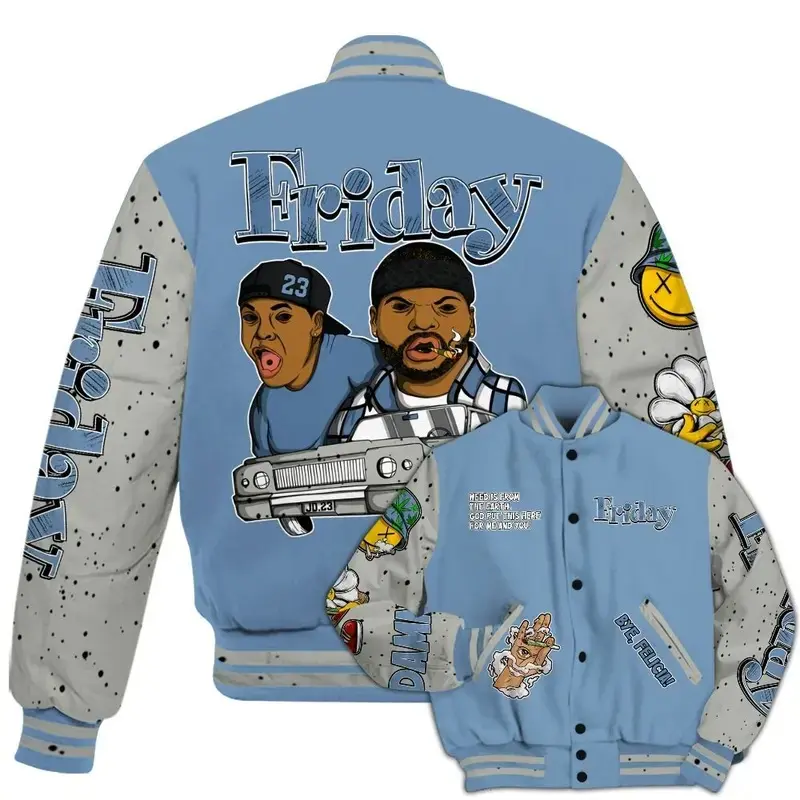 University Blue 4s Match Varsity Jacket, Friday Sneaker Printed Baseball Jacket, 90s Hip Hop Baseball Jacket, Men Women Sports Lightweight Jacket
