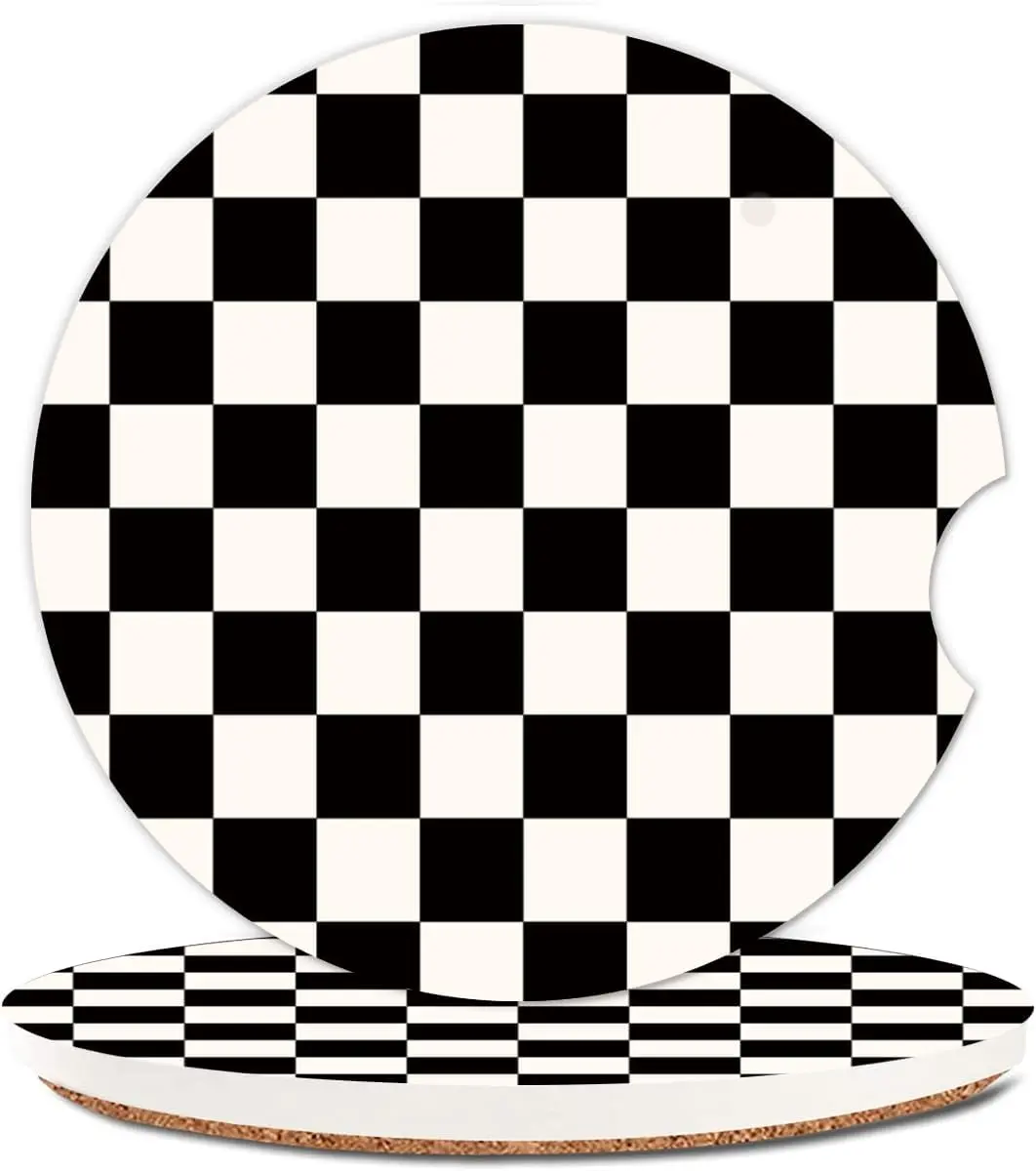 Absorbent  Cupholder Coaster 2 Pack, Cute  Coasters with a Finger Notch for Women & Men,2.56" Ceramic Stone & Non-Scratch Cork Base Drink Coasters (Checkerboard)