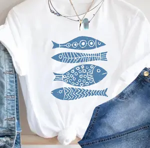 Women's 100% Graphic Fish Print T-Shirt - Casual Crewneck Tee with Blue Fish Design, Lightweight & Breathable for Summer, Perfect Gift for Women/Mom/Family, Fish Shirt
