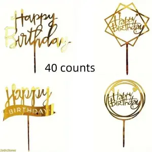 40-Pcs Golden Glitter Paper Birthday Cake Topper Set - Festive Baking Decorations with Unique Creative Shapes, Shiny Surface Accessories for Birthday Parties