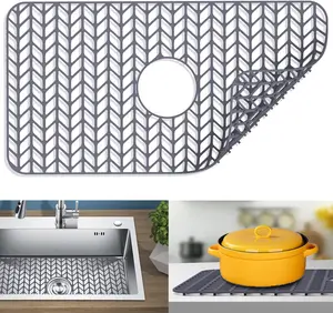 Silicone Sink Protector Mat for Kitchen Sink, 26"x14", Center Drain, Gray