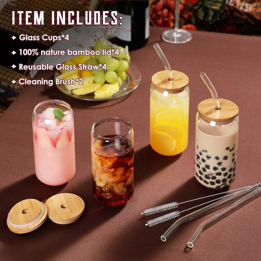 4PCS Glass Cups With Bamboo Lids And Straws, 16OZ Ice Coffee Cup, Drinking Cup Set With Wooden Lids, Home Essential Glass Tumblers For Beer, Cocktail, Tea And Latte Clear.