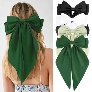 Black White Green Dark Green Hair Bows for Women Girls, Silky Satin Large Coquette Bow, Oversized Hair Ribbons 4Pcs Big Bows Clip Long Tail Bowknot Hair Barrettes Christmas Bow Accessories