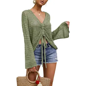 Imily Bela Women Crochet Top Beach Cloth Drawstring Shirt Cover Up Oversized Sexy Beachwear Lace Up Tee Poncho