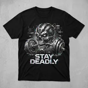 Stay Deadly Cyborg Skull Gym T-Shirt, Futuristic Cyberpunk Weightlifting Tee, Sci-Fi Bodybuilding Workout Top