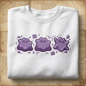 Ditto Embroidered Sweatshirt, Cute Poke Crewneck, Kawaii Anime Embroidery Shirt, PKM T-shirt, Gamer Gift, Pastel Aesthetic