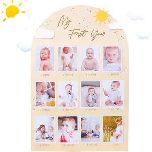 Baby First Year Monthly Milestone Photo Board Sun Theme Wood Photo Display 1st Birthday Decoration 12 Months Photo Frame