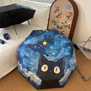 Van Gogh blue night sky cute cat pattern umbrella high value vinyl sunscreen shading folding manual umbrella summer essential parasol