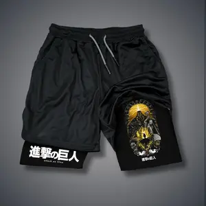 Attack on Titan Anime 80s 90s Double-Layer Sports Shorts Graphic Shorts Black Camo Streetwear Shorts Men Outfits Men Vacation Outfits Shorts