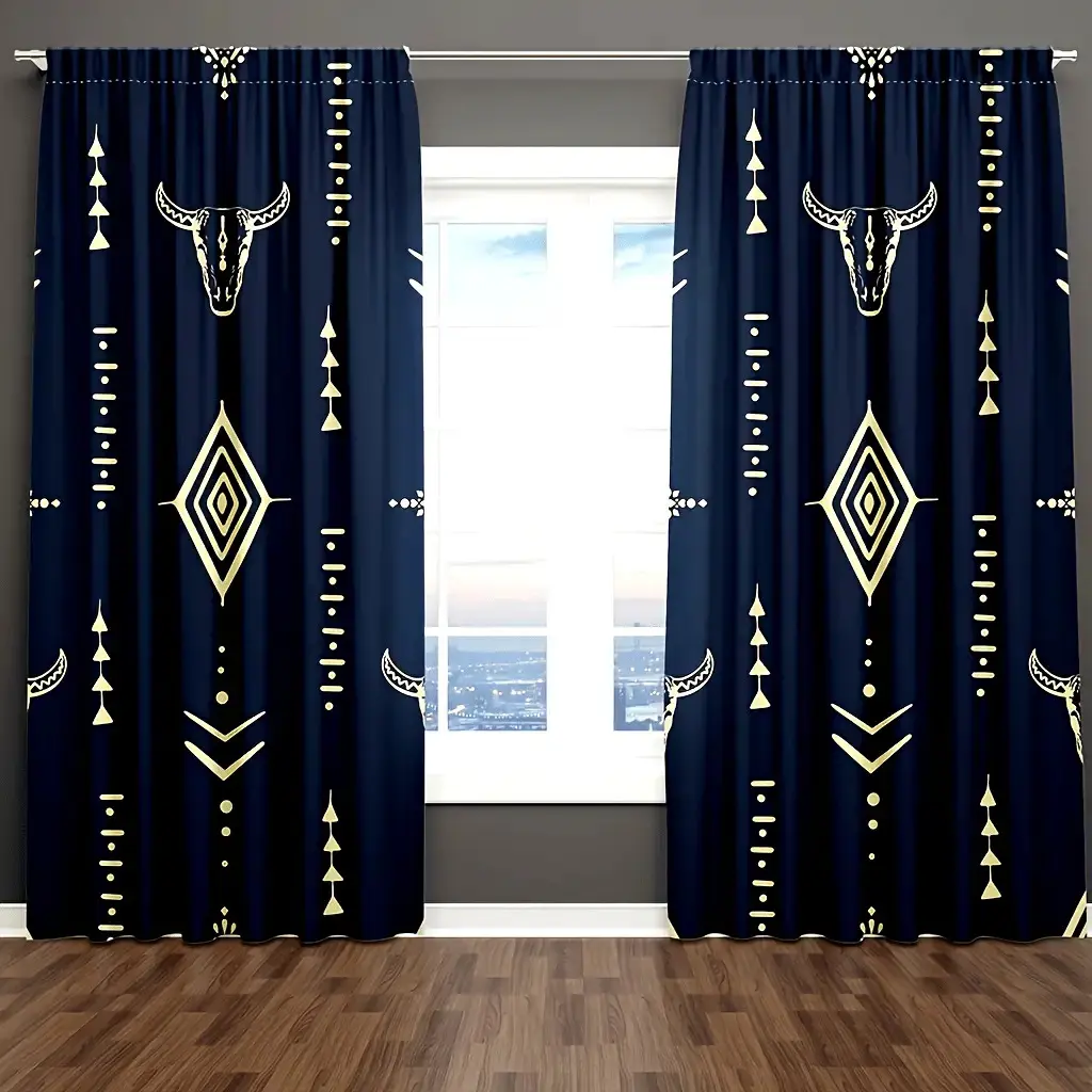 Western 2-Piece Polyester Bedroom Curtains - Aztec Skull, Geometric Pattern, Rod Pocket Design, All-Season, Ideal for Bedroom Decoration
