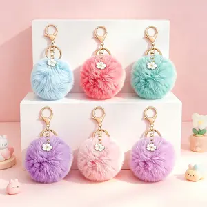 6pc Artificial Fur Keychains, Fluffy Yarn Ball Keychains with Floral Decorations, Cute Women's Handbag Accessories,  Luggage, and Key Ornaments, Soft Faux Keyring for Backpack, Easy To Spot Keys in Deep Purse