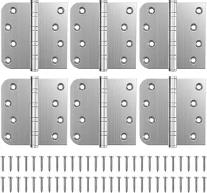 Ball Bearing Door Hinges, 4 x 4 Inches Door Hinges, Heavy Duty Stainless Steel Hinges, Square and 5/8'' Radius Corner, Smooth and Quiet, Non Removable Pin, Brushed Nickel, 6 Pack