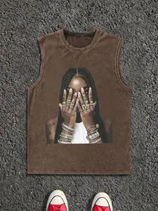 Men's Regular Fit Hands Face Graphic Print Vest Tank Top, Street Fashion Casual Breathable Sleeveless Crew Neck Top for Daily Outdoor Wear, Menswear for Summer, Socks