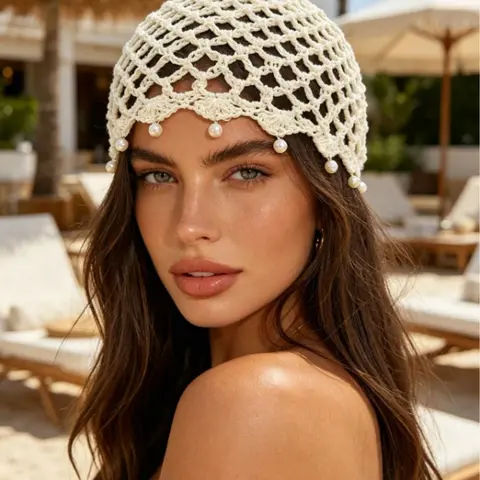 1 Retro Hollow Knit Hat, Pearl Pendant Headscarf Cap, Mesh Knitted Cap, Bohemian Style, Elegant and Fashionable, Versatile Accessory, Fashionable Hats, Suitable for Daily Wear and Fashion Parties