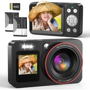 Deatti Compact Digital Camera for Kids and Beginners, Portable Point-and-Shoot Camera with 64GB Memory Card and Battery, Black / Pink Flash