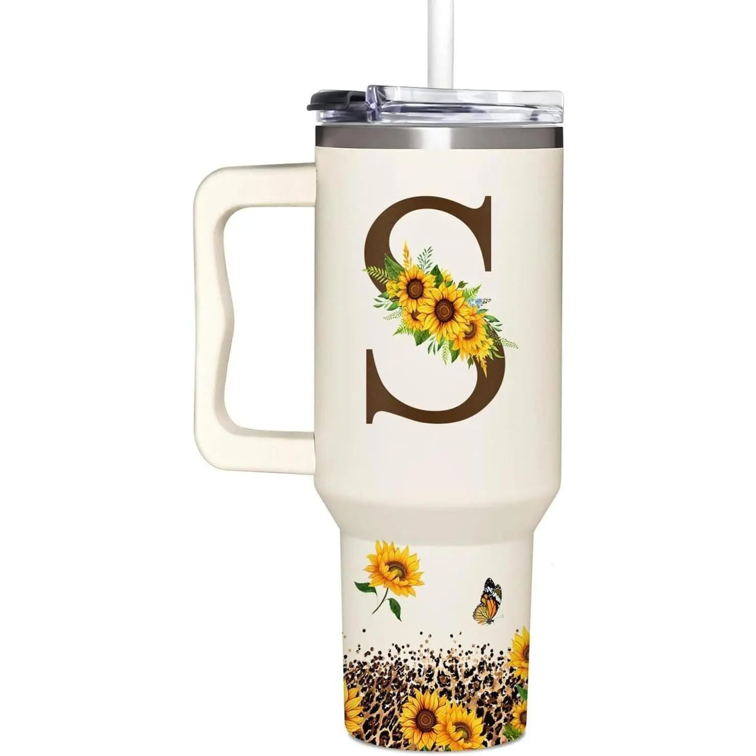 Sunflower Leopard Letter S Tumbler 40oz, Monogram Floral Stainless Steel Cup with Straw, Cute Western Aesthetic Travel Mug for Her
