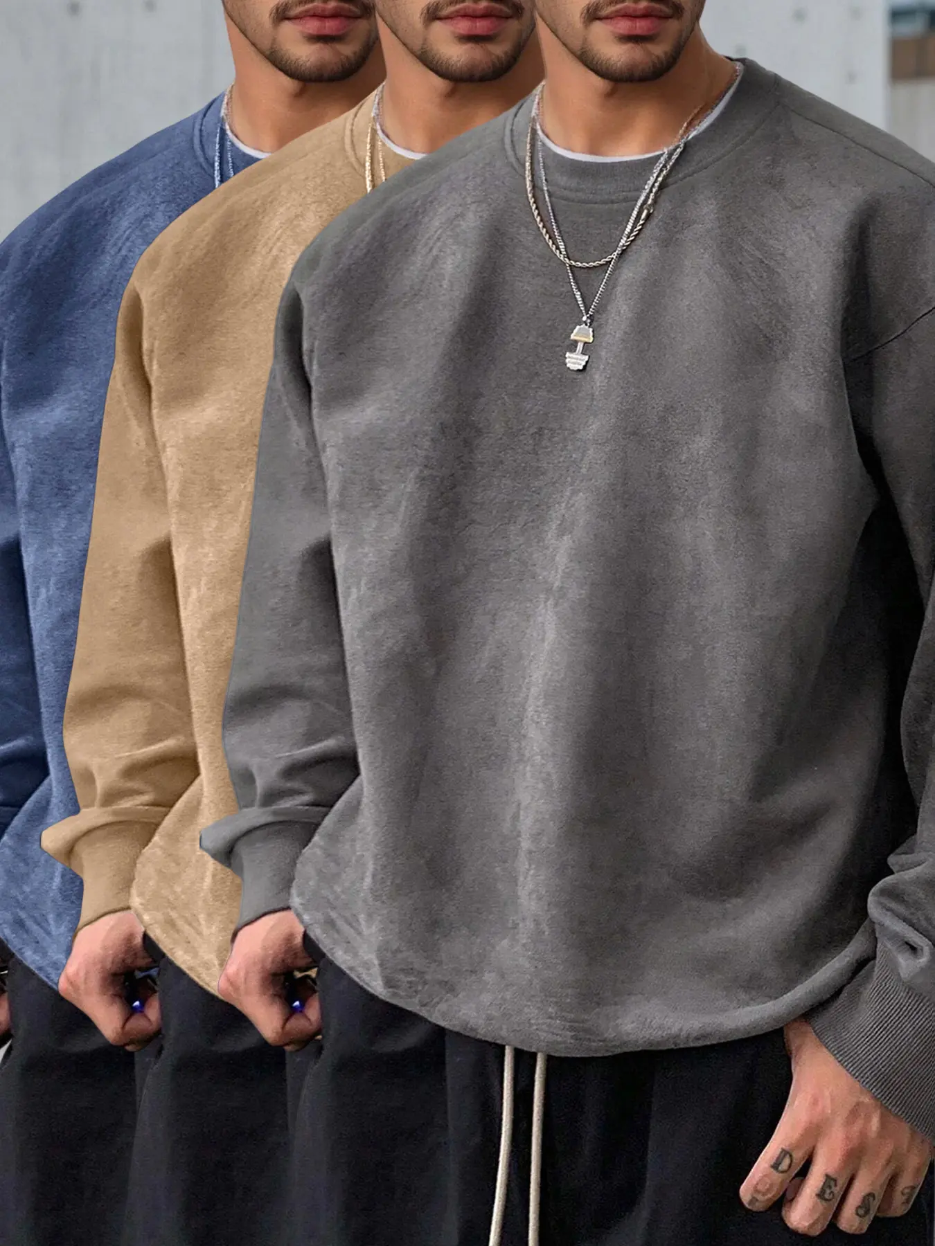 dark gray + camel + navy blue.