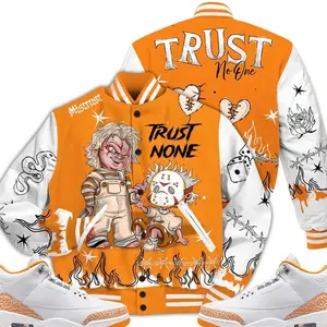 3 White Orange Peel Varsity Jacket, Orange Citrus 3s Outfit Scary Trust No One Shirts To Match Sneaker Streetwear