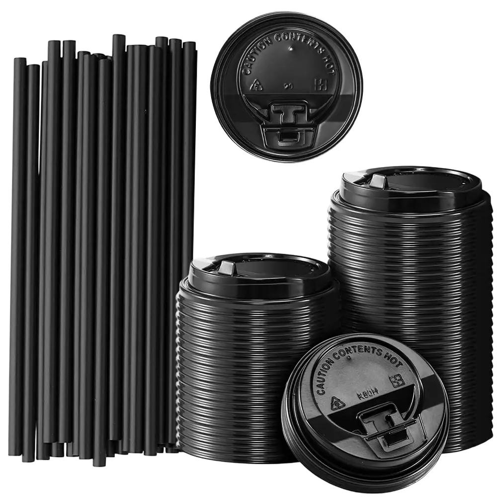 100PCS Coffee Cup Lids & 100 Straws, Disposable Plastic Cup Lids for 10, 12, 16, 20, 24 oz Paper Cups, Hot/Cold Drinking Cup Lids, 3.54 Inches/90 mm Diameter - Black