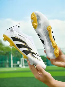 Unisex White-Pink-Green Neon Accent Soccer Shoes: Bold Identity Style, Contrast Gradient, Neon Outsole, Laceless Design. Ideal for match visibility/trendy gameplay Football Boots