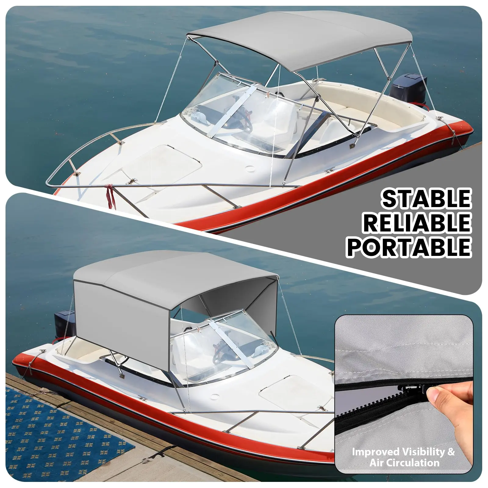 Heavy Duty Boat Bimini Top with 2 Detachable Side Curtains, Marine Grade Canvas Canopy for Sun Shade & Sun Protection, 4 Adjustable Windproof Ropes, Aluminum Frame, UV Blocking & Storage Bag