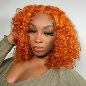 14 Inch Water Wave Bob Wig Human Hair 13x4 200 Density Short Curly Lace Front Wigs Human Hair HD Transparent Frontal Water Bob Wigs Wet Wavy Glueless Pre Plucked Bob Wig for Women Ginger Orange