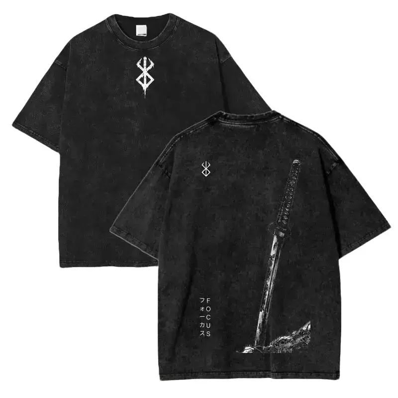 Men's Vintage Acid Wash Berserk Guts Anime Graphic T-Shirt - Oversized Classic Basic Short-Sleeve, Cozy Loose Fit, Clean Look, Sturdy Hem Round Neck Menswear, Versatile Fabric for 2 Seasons, Ideal with Jeans