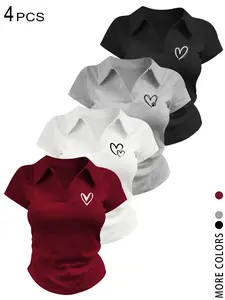 4 PCS Heart Print Polo Shirts for Women, Y2K Aesthetic Collared V Neck Slim Fit Tops, Casual Short Sleeve Heart Graphic Tees, Work Office Blouses, Preppy Outfit, Perfect for Daily Wear, School, Office, Everyday, Sweet Coquette Style for Teen Girls