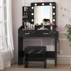 Vanity Desk with Mirror and LED Lights - Makeup Vanity Desk with Power Outlet and Cushioned Stool - Dressing Table with 2 Drawers and 3 Lighting Modes Adjustable Brightness for Bedroom - Marble Black
