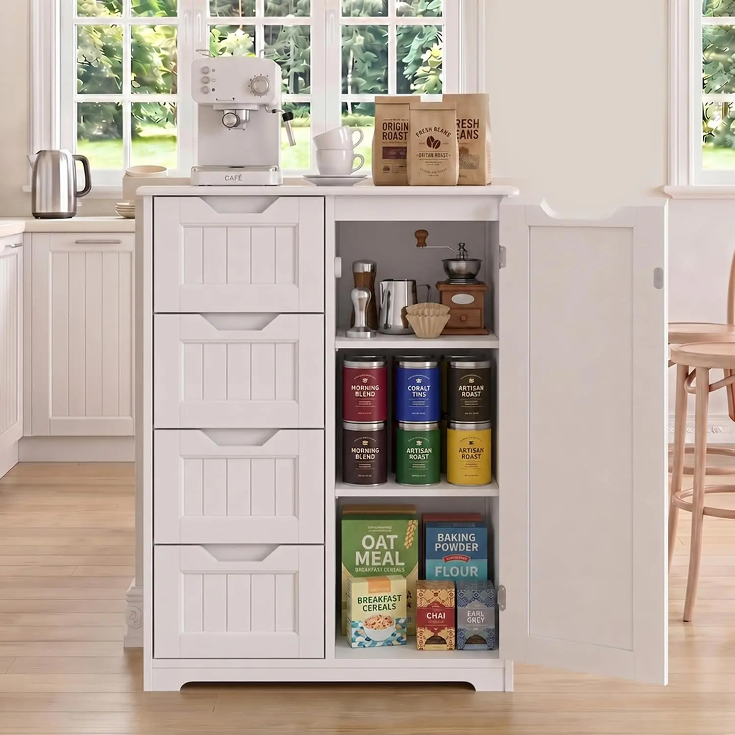 Gizoon Small Coffee Bar Cabinet with 4 Drawers and Door, White | Small Kitchen Sideboard Buffet Cabinet with Adjustable Shelf, Small Kitchen Coffee Bar Cabinet with Drawers for Living Room