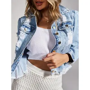 Long Sleeve Distressed Cropped Denim Jacket, Raw Hem Frayed Fabrics Flap Pocket Light Blue Denim Coats, Women's Denim Jackets & Clothing Short Fit Can be used with a raincoat