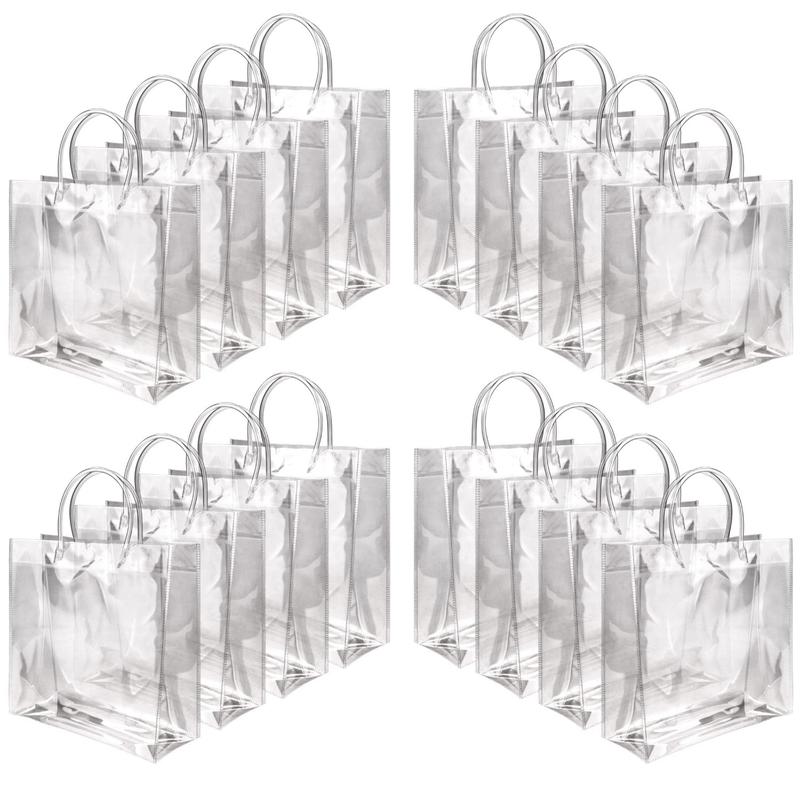 Pack of 16 Clear PVC Gift Bags with Handles,7.87" x 7.87" x 3.15"Reusable Goodie Tote Bags with Ribbons and Tags,Foldable Party Favor Bags for Weddings,Valentine'S Day,Hand Tools Kits,Springtok home tool