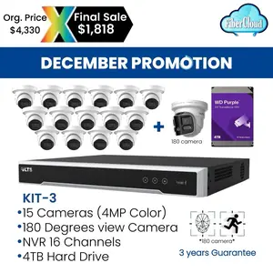 NVR Kit #3 with 15 Cameras (4K Color), 1 180-Degree View Camera, 16 Channels, 4TB Hard Drive, 3-Year Warranty for Secure Surveillance