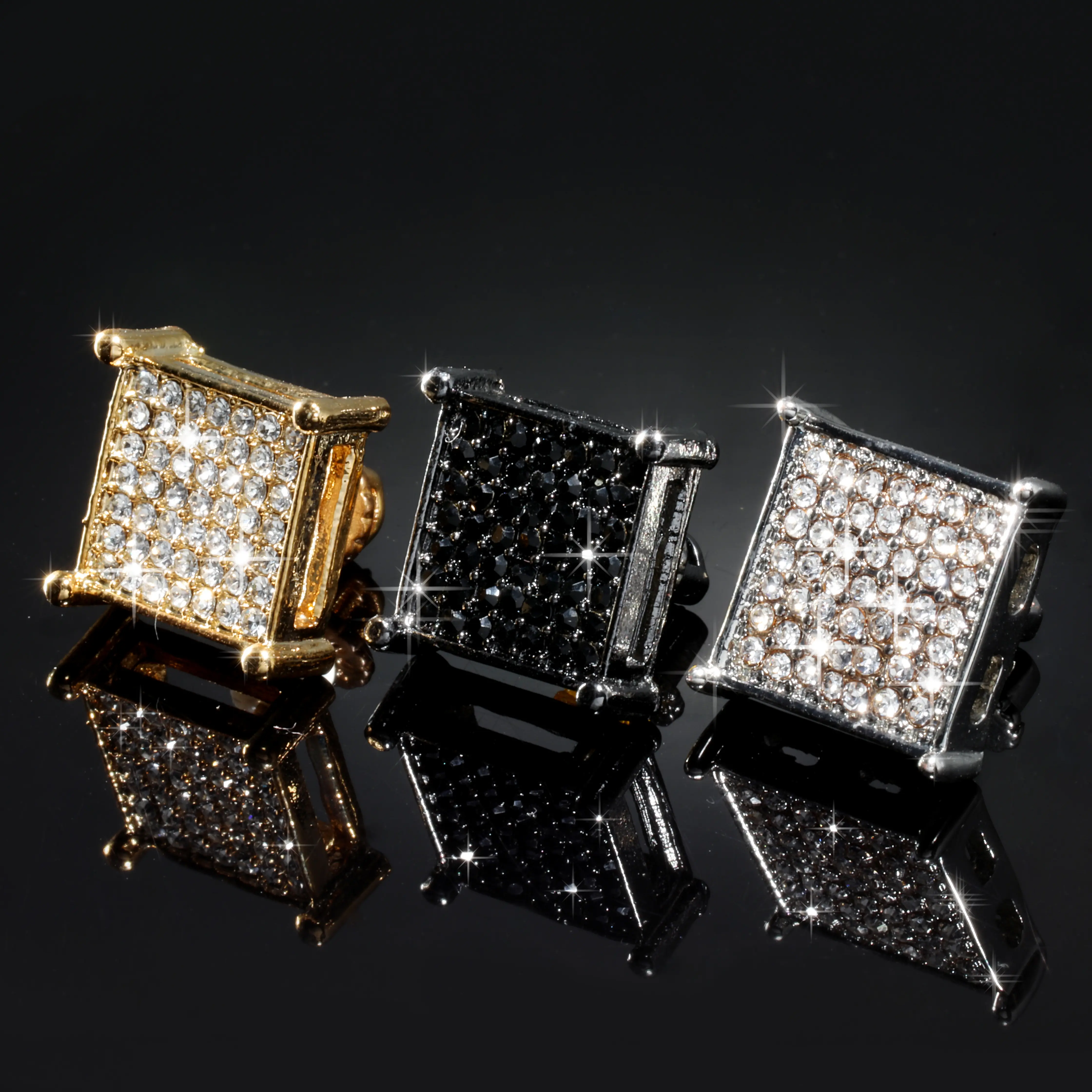 Gold, Black & Silver Plated Screw-Back Stud Earrings - 7-Row Cubic Zirconia "Table Corner" Diamond Simulated, Hypoallergenic Luxury Costume Jewelry for Women, Men's Accessories, Father's Day Gifts
