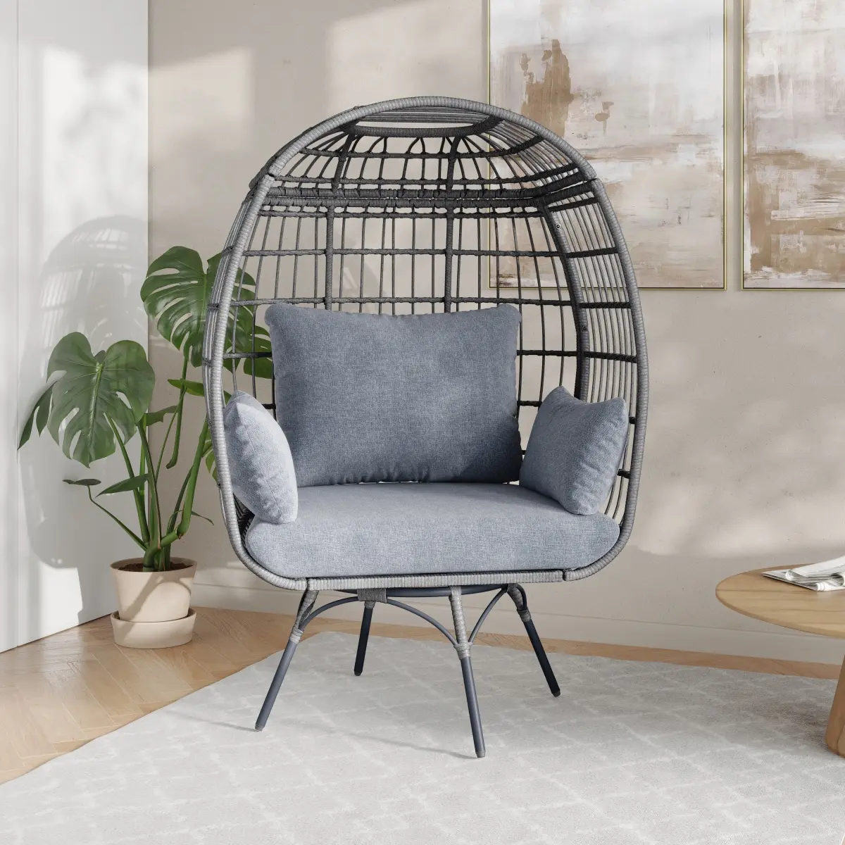 Flash Furniture SB-C-335-GY-GY-GG Zola Commercial Gray Indoor & Outdoor Oversized Wicker Egg Swivel Lounge Chair with 4 Cushions